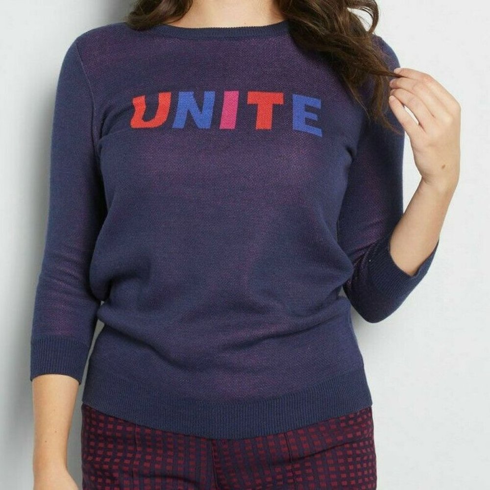 Modcloth Navy 'UNITE' Pullover Sweatshirt with Red & Blue Lettering